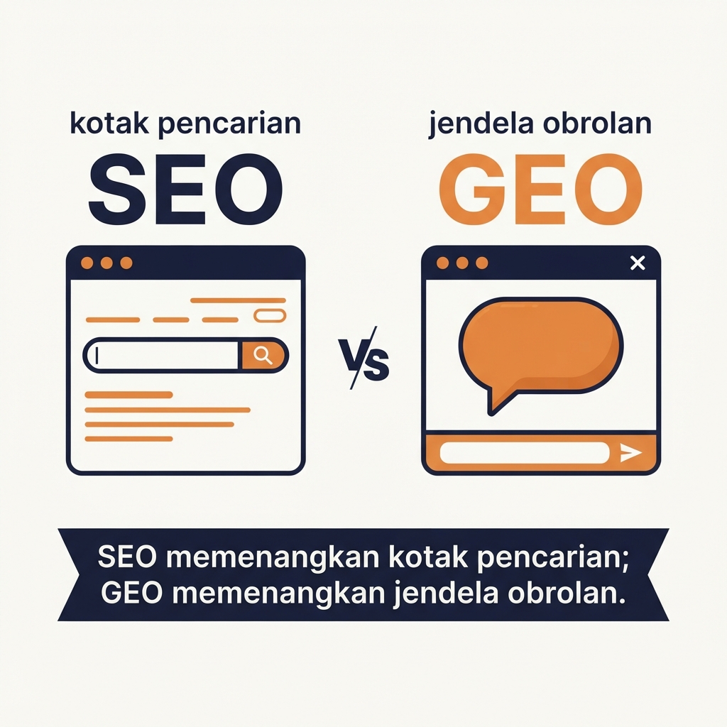 Diagram perbandingan: SEO memeringkat sepuluh tautan dalam kotak pencarian, sementara GEO bersaing untuk tiga sampai lima merek yang benar-benar disebut jawaban AI