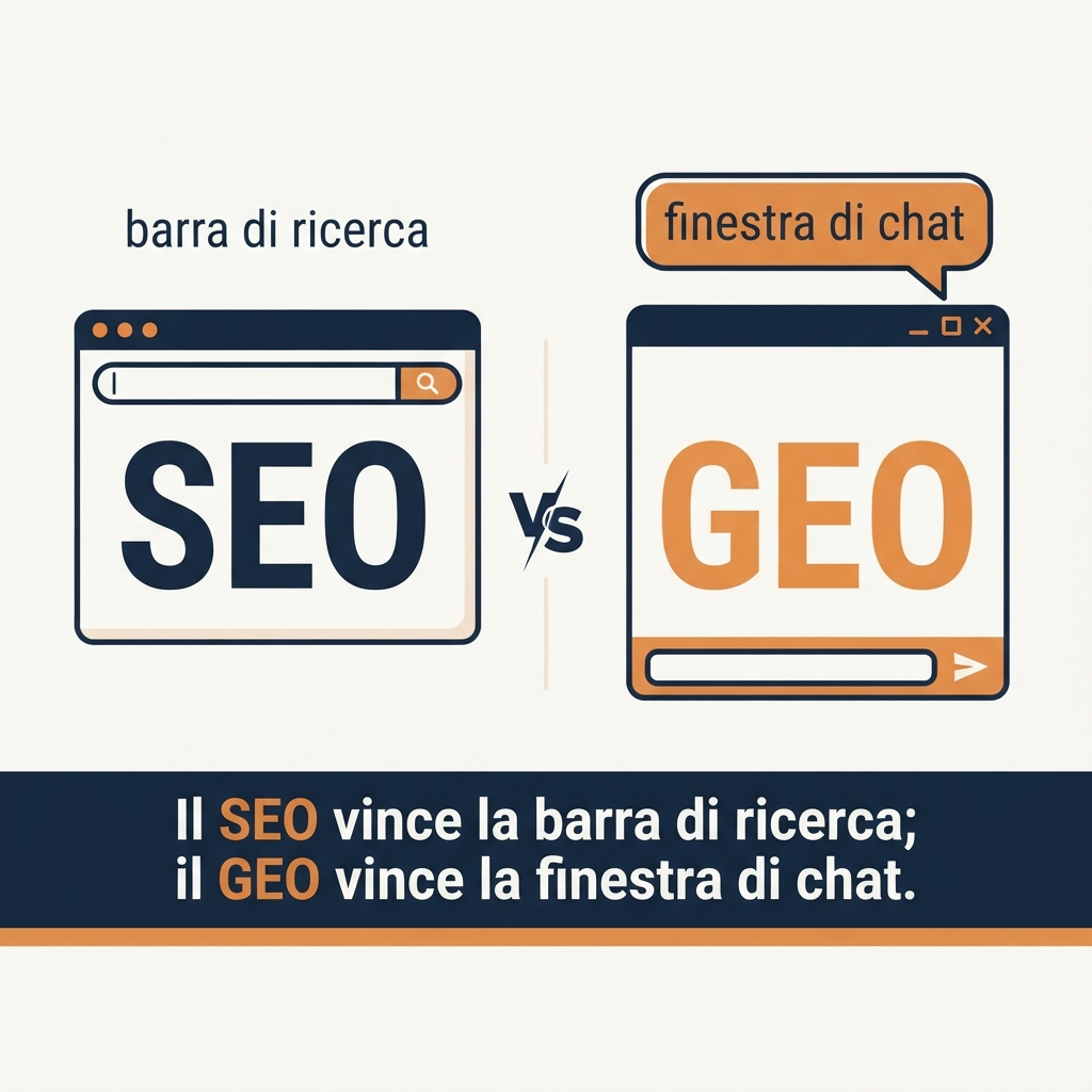Diagramma che confronta come il SEO classifica dieci link in una barra di ricerca e come il GEO compete per i tre-cinque brand che una risposta AI nomina realmente