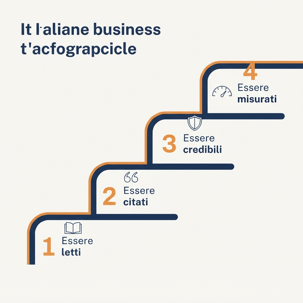 Diagramma a scaletta dei quattro livelli GEO: essere letti, essere citabili, essere credibili, essere misurati