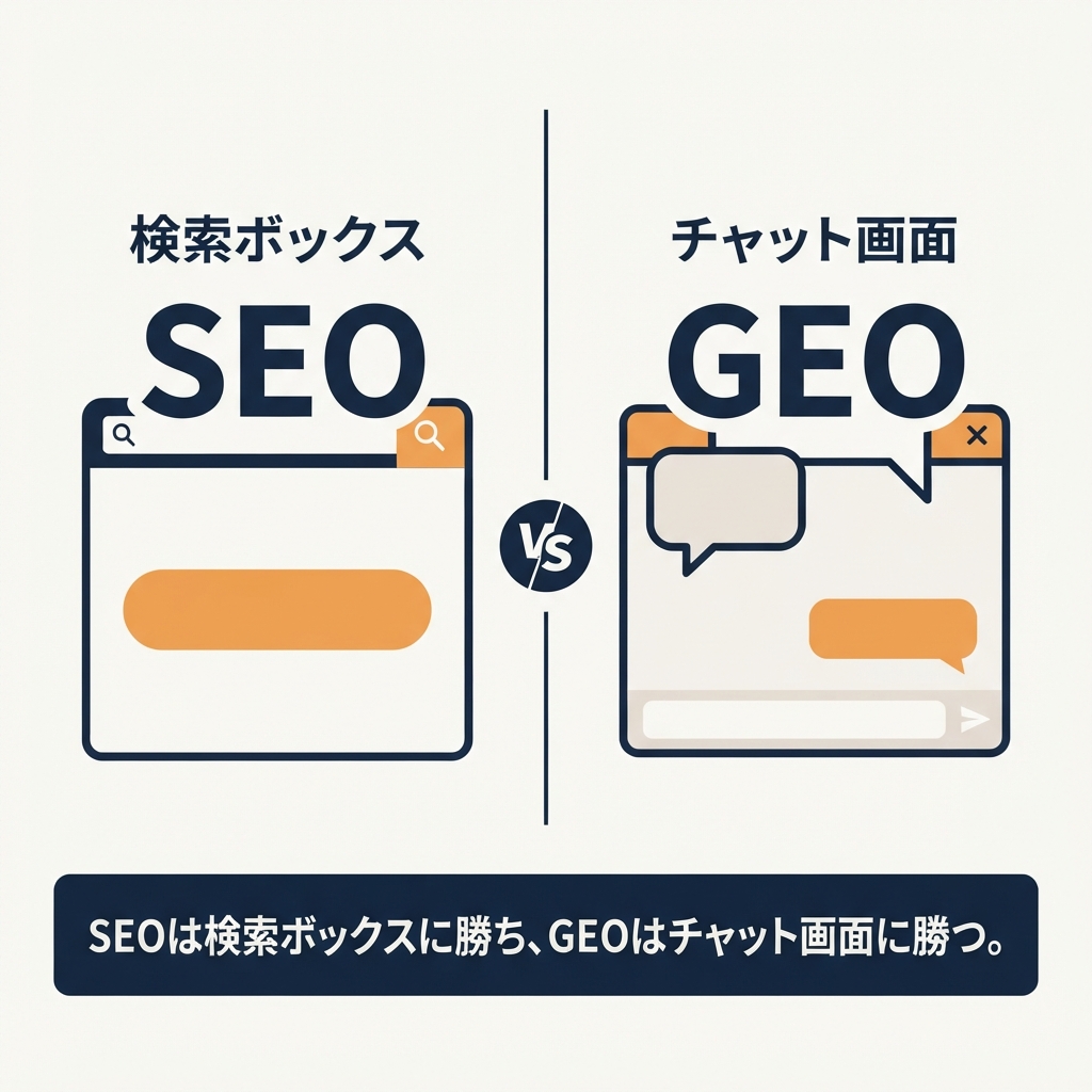 SEOが検索ボックスで10件のリンクをランキングするのに対し、GEOはAI回答が実際に挙げる3〜5ブランドに入る競争であることを示す比較図