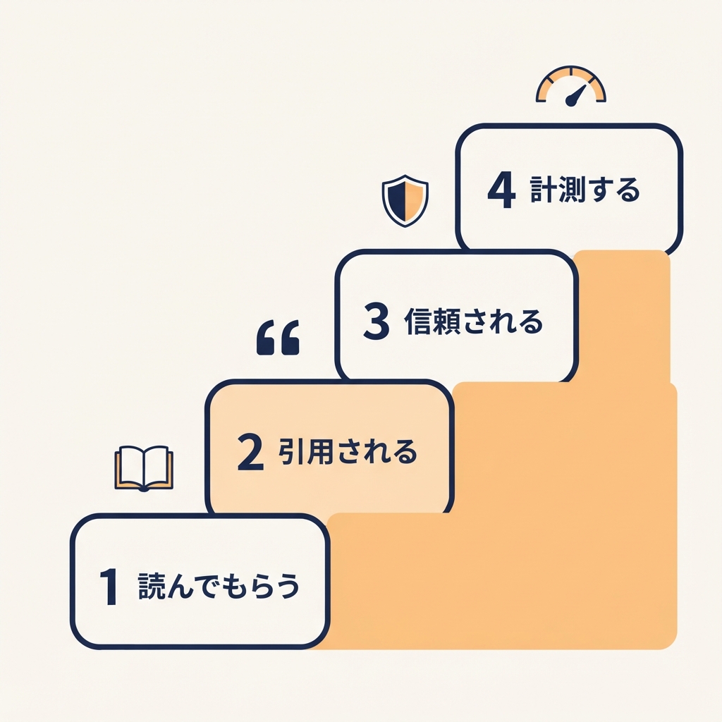 GEOの4層「読んでもらう」「引用される」「信頼される」「計測する」を段階図で示した図