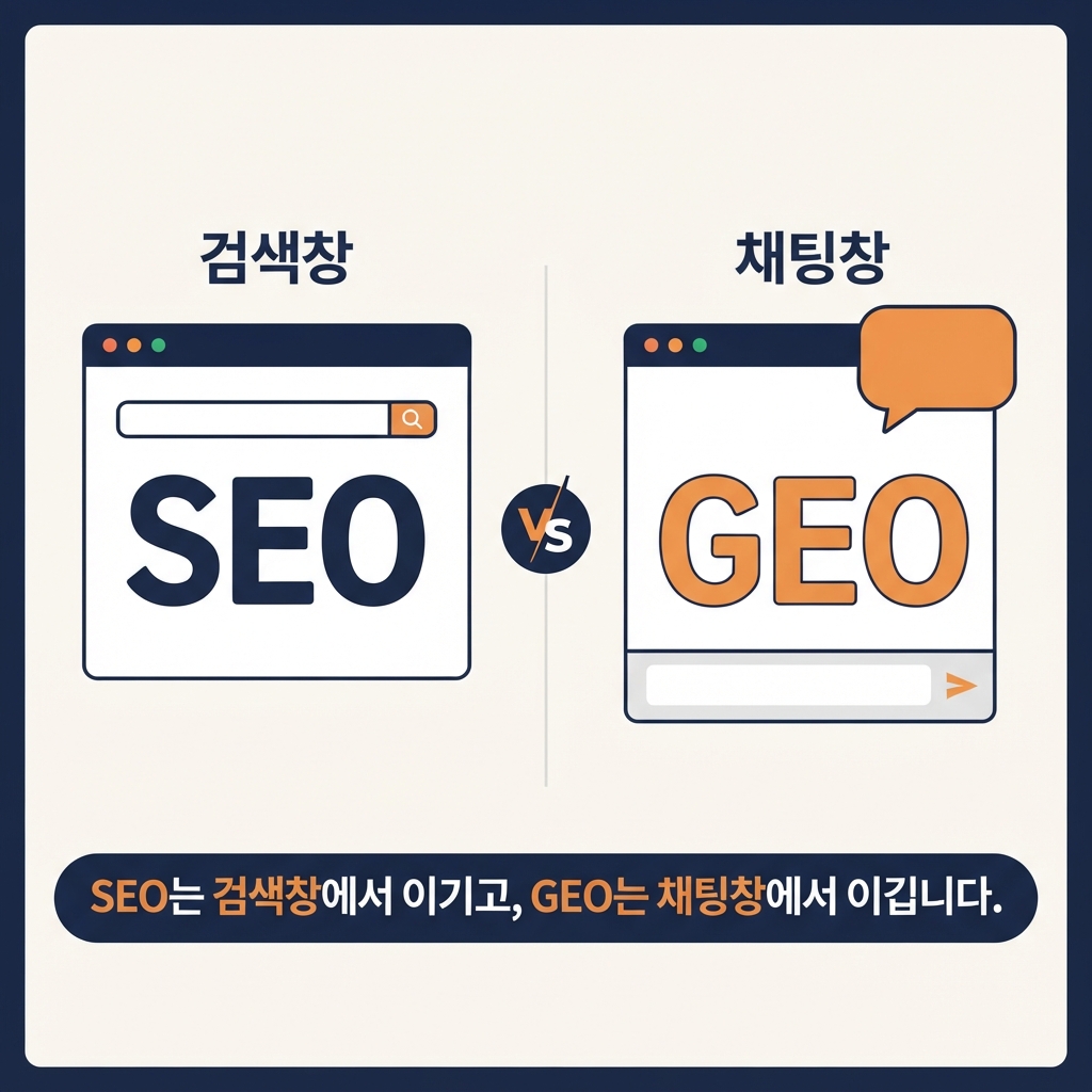 SEO가 검색창에서 10개의 링크를 랭킹하는 것과 GEO가 AI 답변이 실제로 언급하는 3~5개 브랜드 자리를 놓고 경쟁하는 것을 비교한 다이어그램