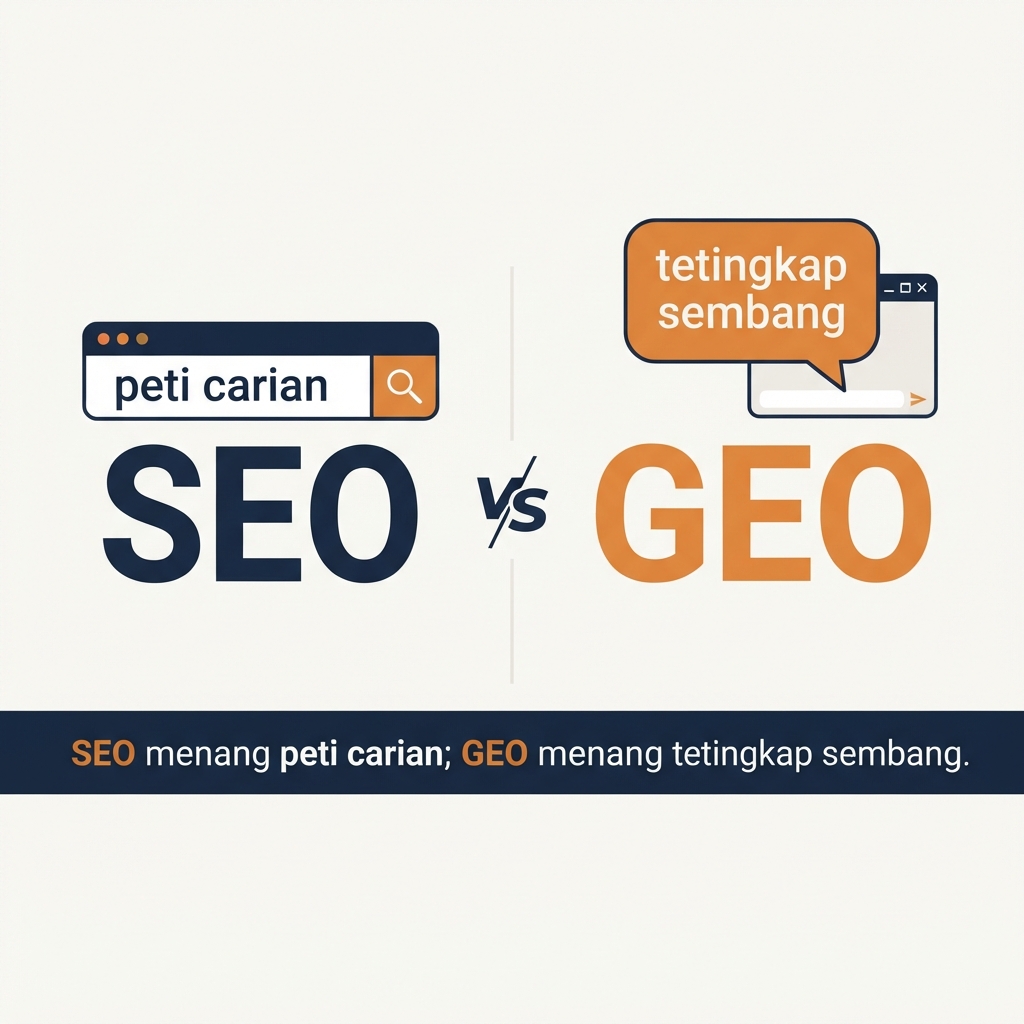 Gambar rajah membandingkan cara SEO menyusun sepuluh pautan dalam peti carian dan cara GEO bersaing untuk tiga hingga lima jenama yang sebenarnya dinamakan jawapan AI