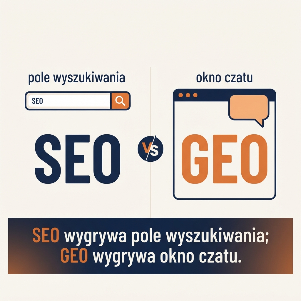 Diagram porównujący, jak SEO szereguje dziesięć linków w polu wyszukiwarki i jak GEO konkuruje o trzy do pięciu marek, które naprawdę wymienia odpowiedź AI