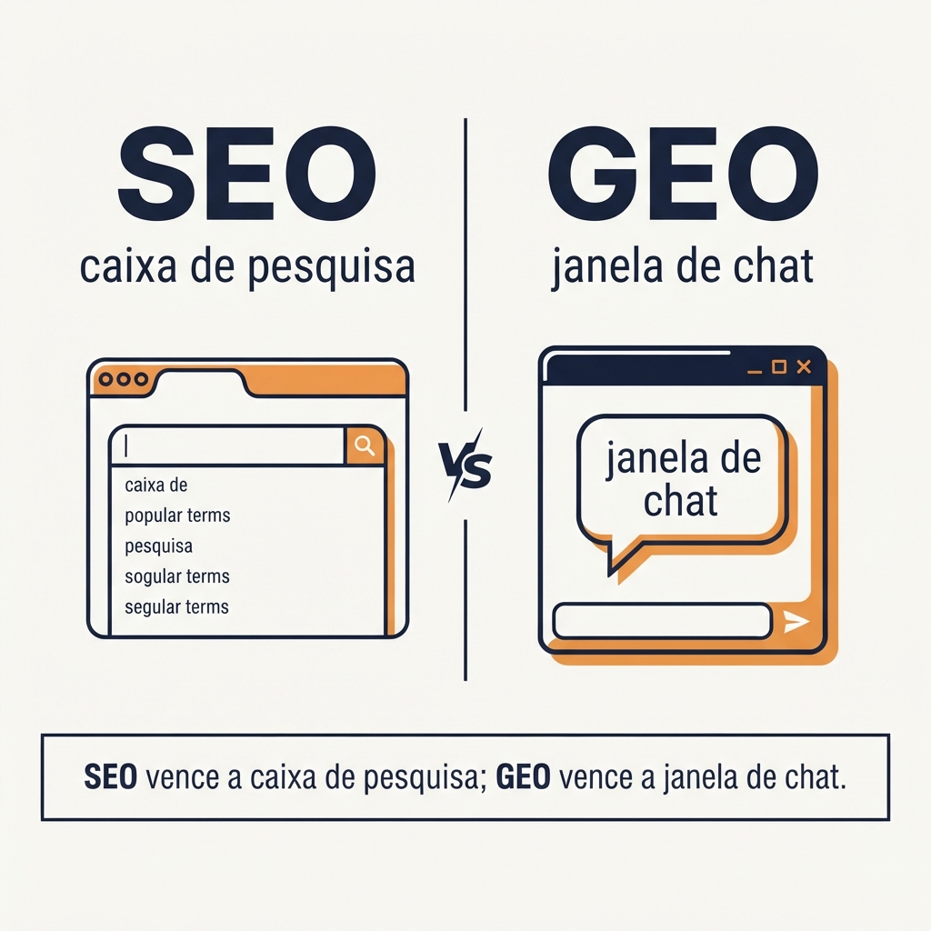 Diagrama comparando como o SEO classifica dez links numa caixa de pesquisa e como o GEO disputa as três a cinco marcas que uma resposta de IA realmente cita