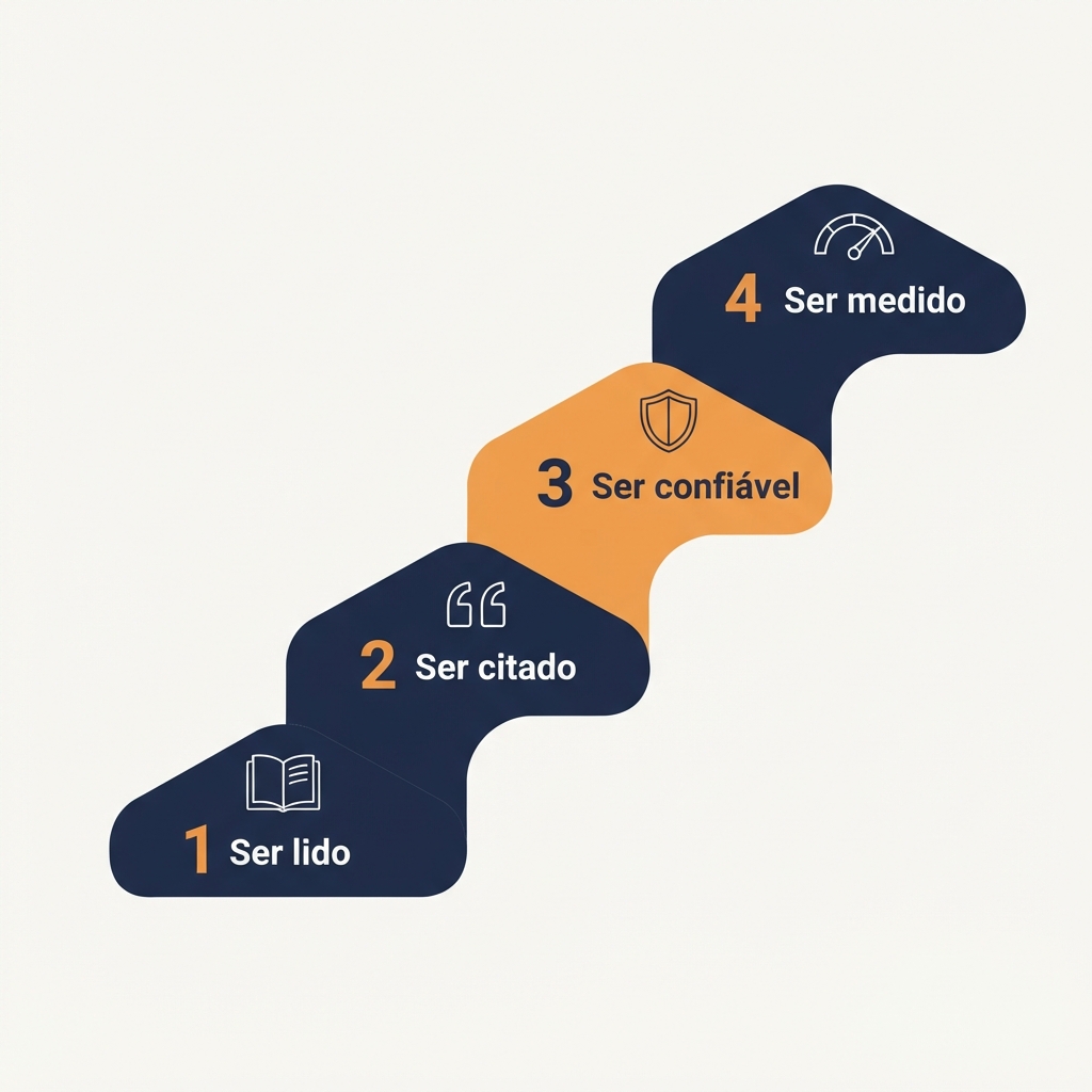 Diagrama em escada das quatro camadas do GEO: ser lido, ser citável, ser confiável, ser medido