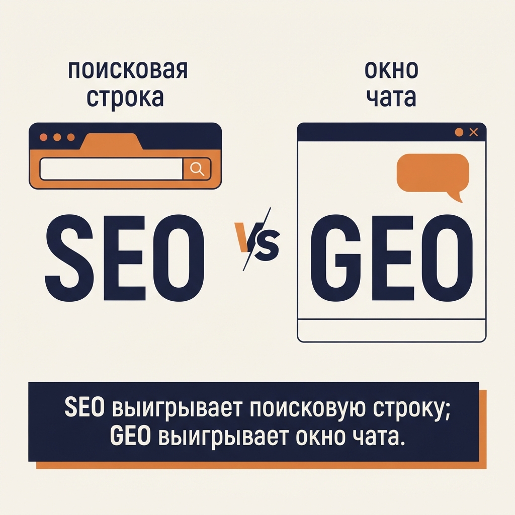 Схема сравнения: SEO ранжирует десять ссылок в поисковой строке, а GEO конкурирует за три–пять брендов, которые реально называет ответ ИИ