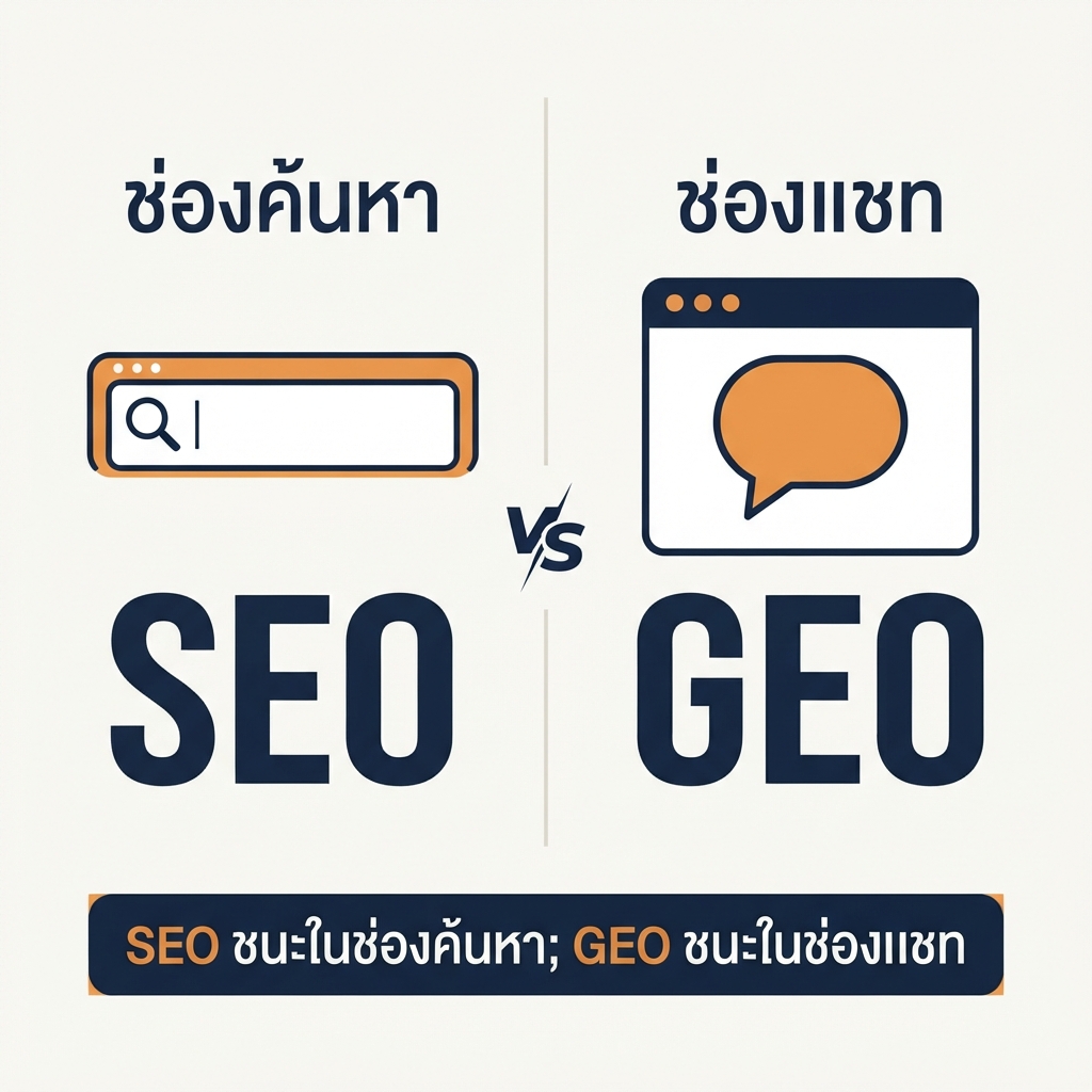 แผนภาพเปรียบเทียบ SEO จัดอันดับ 10 ลิงก์ในช่องค้นหา ขณะที่ GEO แย่งชิง 3–5 แบรนด์ที่คำตอบของ AI ระบุจริง