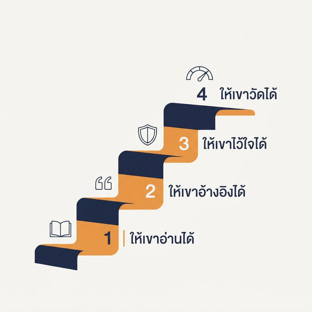 แผนภาพบันไดของสี่ชั้น GEO: ให้อ่านได้ ให้อ้างอิงได้ ให้ไว้ใจได้ ให้วัดได้