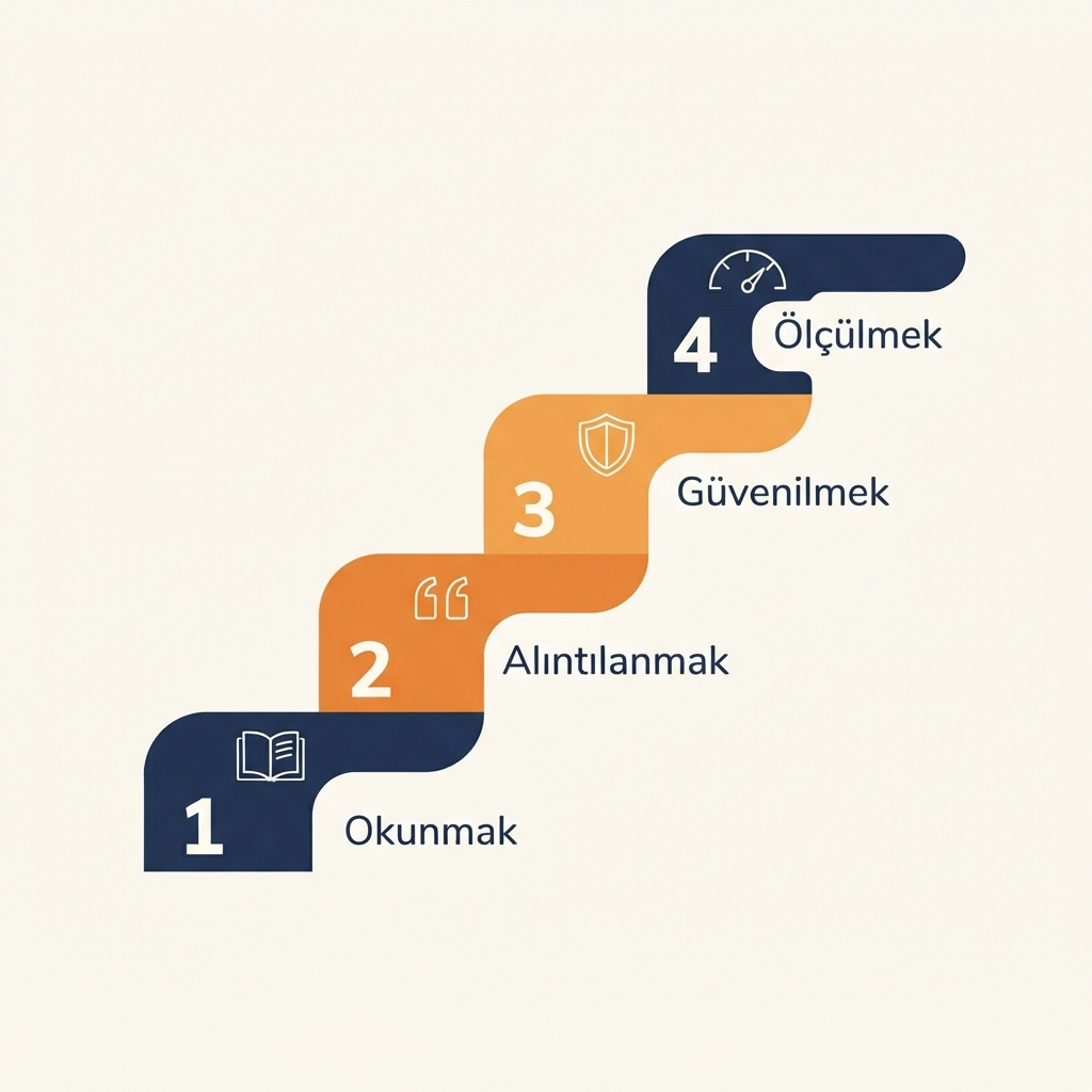 GEO'nun dört katmanının merdiven diyagramı: okunmak, alıntılanmak, güvenilmek, ölçülmek