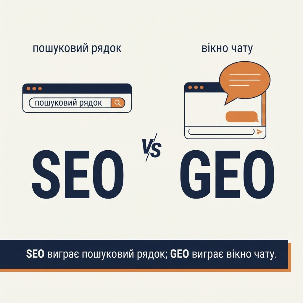 Схема порівняння: SEO ранжує десять посилань у пошуковому рядку, а GEO конкурує за три-п'ять брендів, які реально називає відповідь ІІ