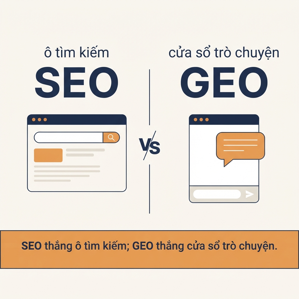 Sơ đồ so sánh cách SEO xếp hạng mười liên kết trong ô tìm kiếm và cách GEO cạnh tranh cho ba đến năm thương hiệu mà câu trả lời AI thực sự nêu tên