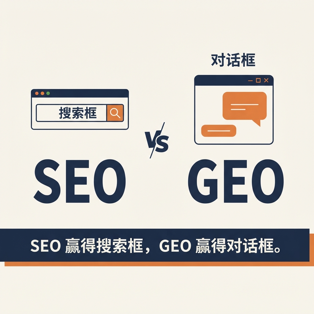 对比图:SEO 在搜索框里为十个链接排名,GEO 竞争的是 AI 回答实际点名的三到五个品牌