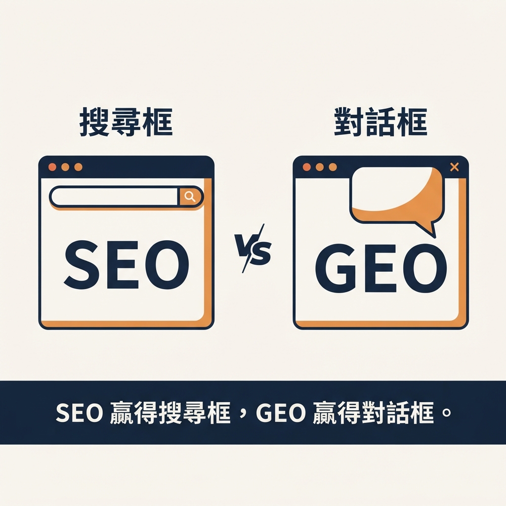 對比圖:SEO 在搜尋框中為十個連結排名,GEO 競爭的是 AI 回答實際點名的三到五個品牌