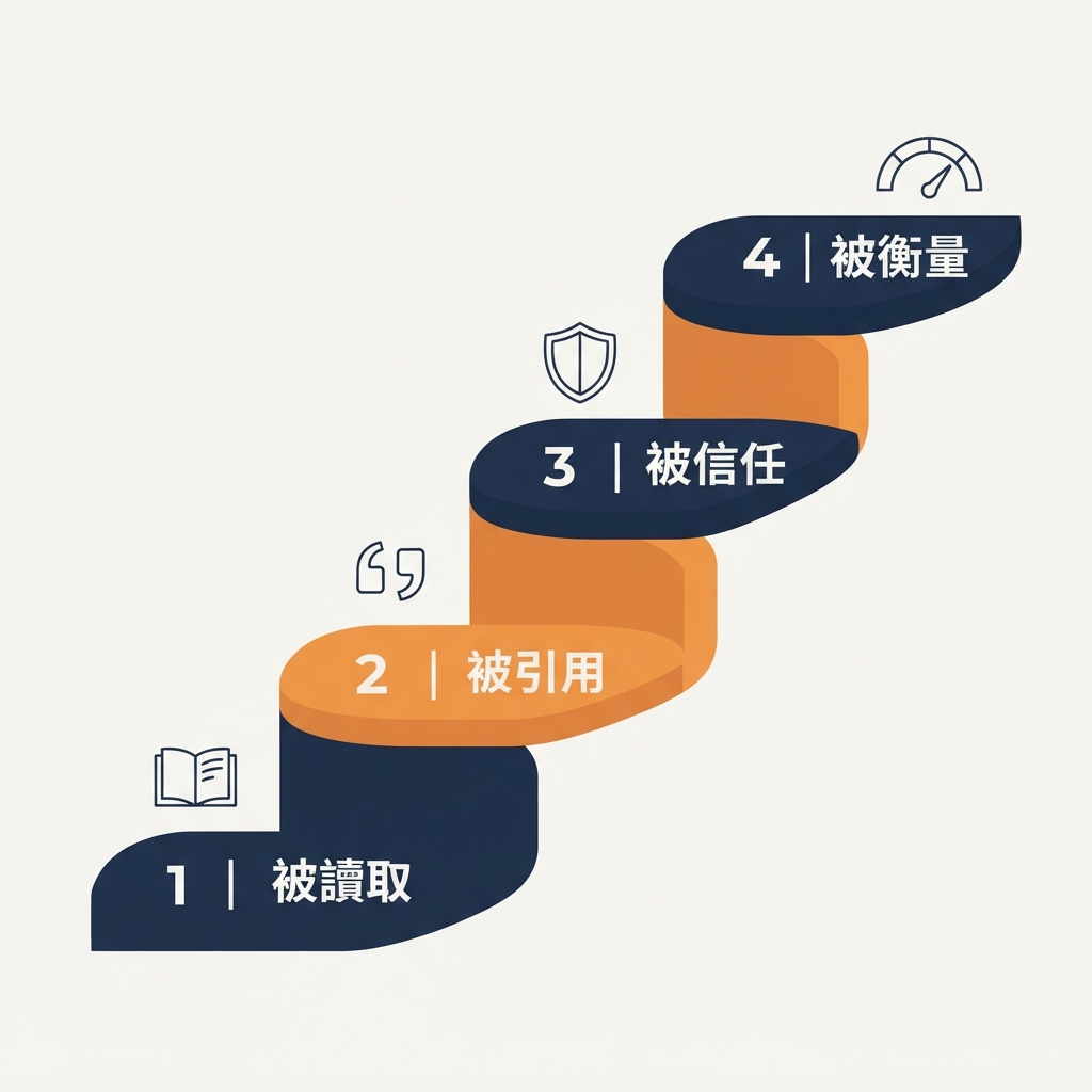 四層 GEO 階梯圖:被讀取、被引用、被信任、被衡量