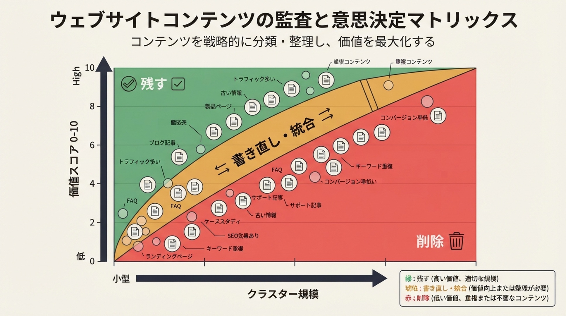スパムアップデート復旧のための意思決定マトリクス。クラスター規模と価値スコアを、残す・統合・削除のアクションに対応させている