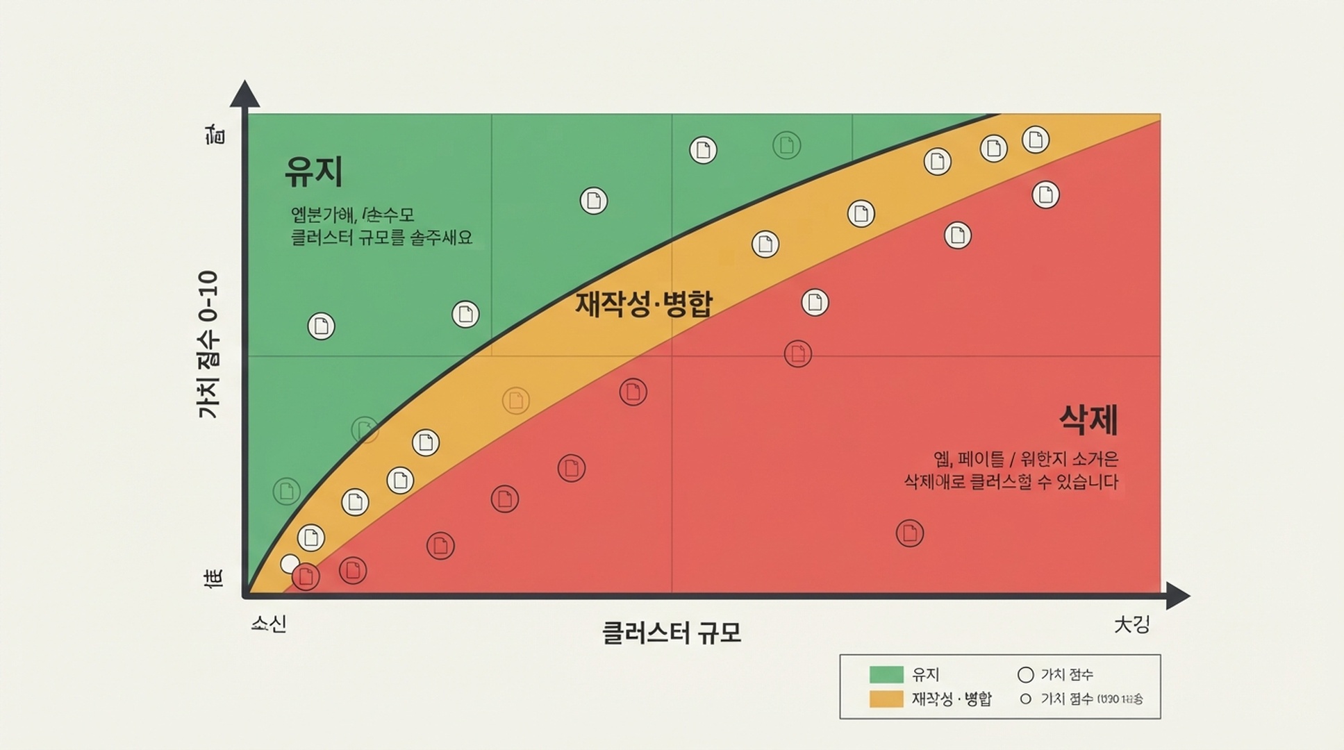스팸 업데이트 복구를 위해 클러스터 규모와 가치 점수를 유지, 병합, 삭제 액션에 대응시키는 의사결정 매트릭스