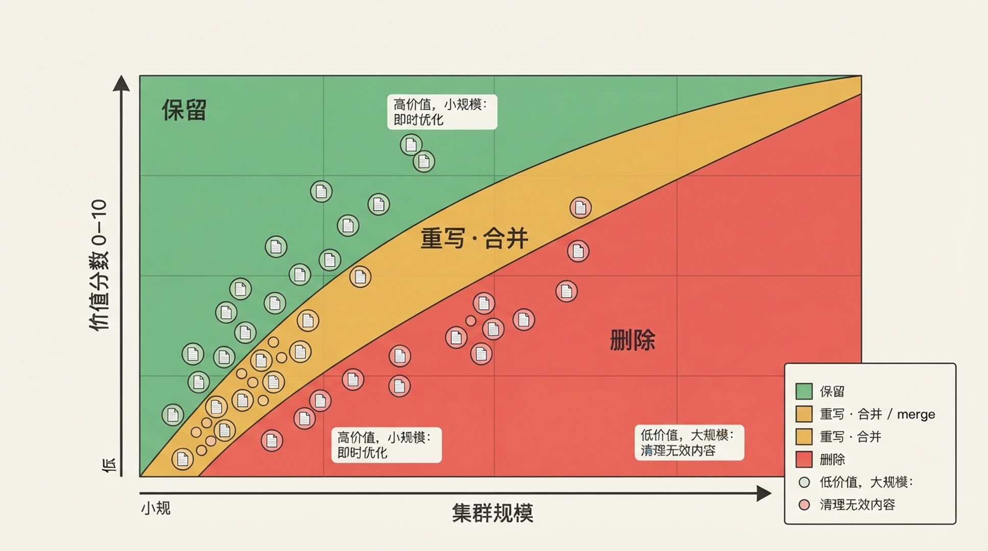 垃圾内容更新恢复的决策矩阵，把集群规模与价值分数对应到保留、合并或删除动作
