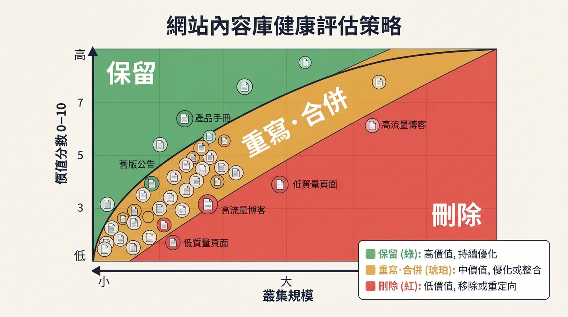 垃圾內容更新修復的決策矩陣，把叢集規模與價值分數對應到保留、合併或刪除動作