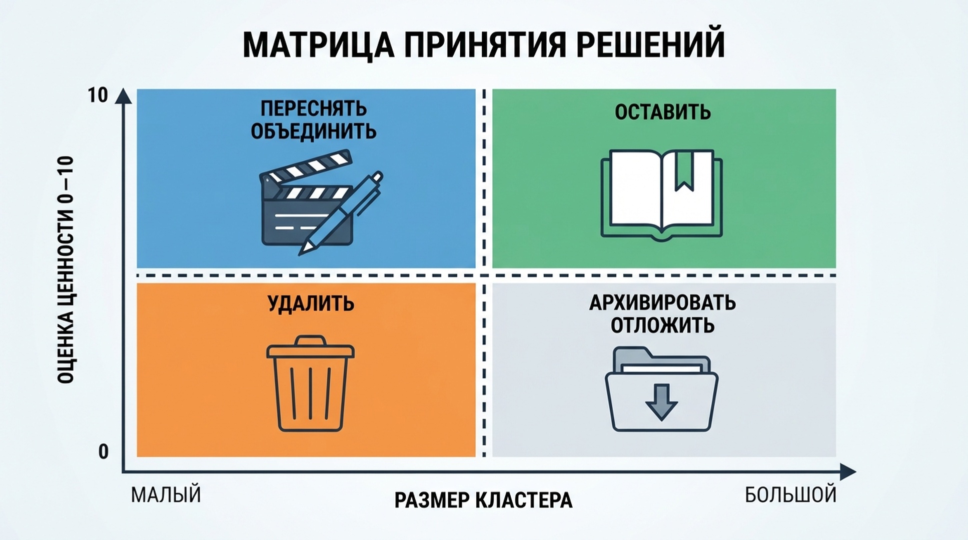 Матрица решений, сопоставляющая размер кластера и оценку ценности с действиями «оставить», «объединить» или «удалить» при восстановлении после спам-обновления