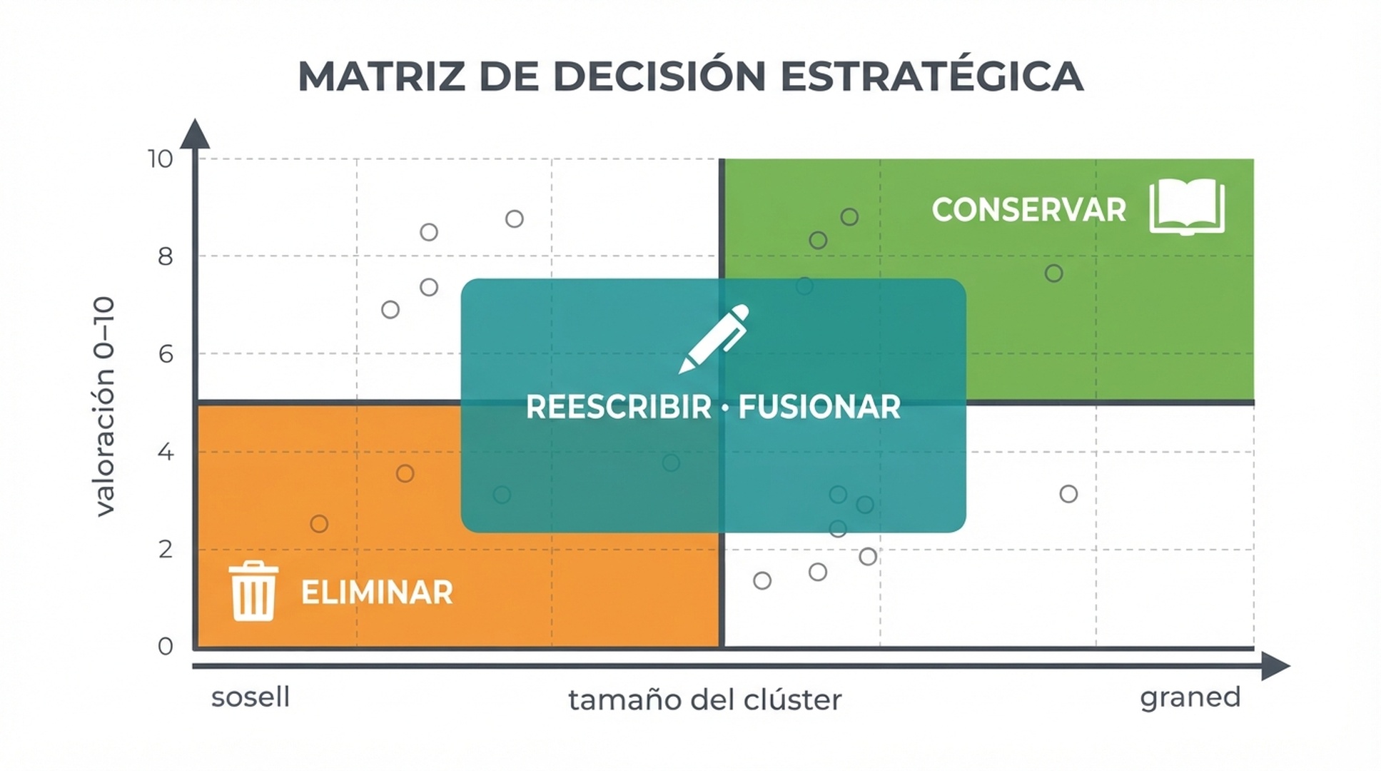 Matriz de decisiones que relaciona el tamaño del clúster y la puntuación de valor con las acciones de conservar, fusionar o eliminar para la recuperación de una actualización de spam