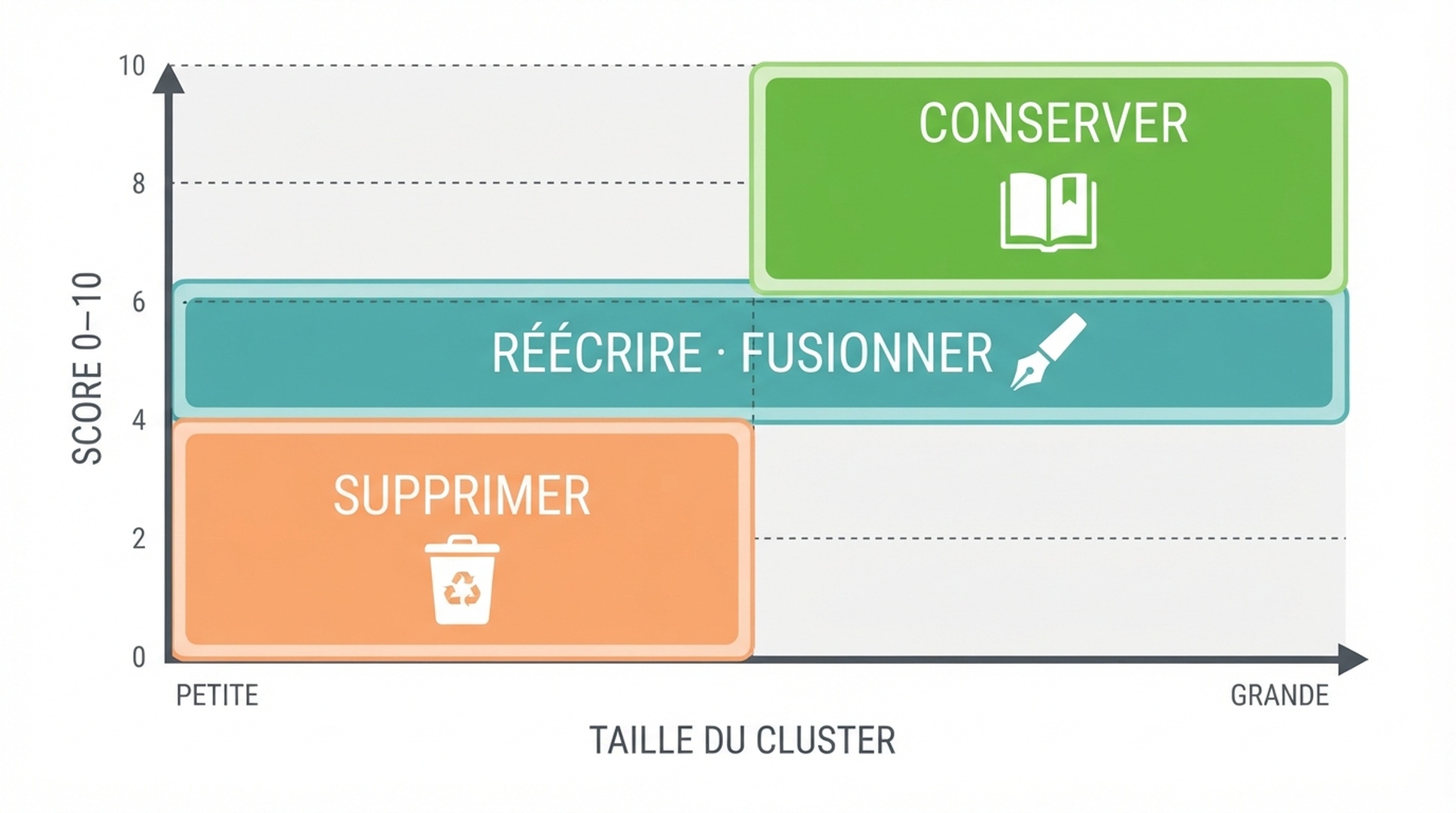 Matrice de décision reliant taille du cluster et score de valeur aux actions conserver, fusionner ou supprimer pour la récupération d'une mise à jour spam