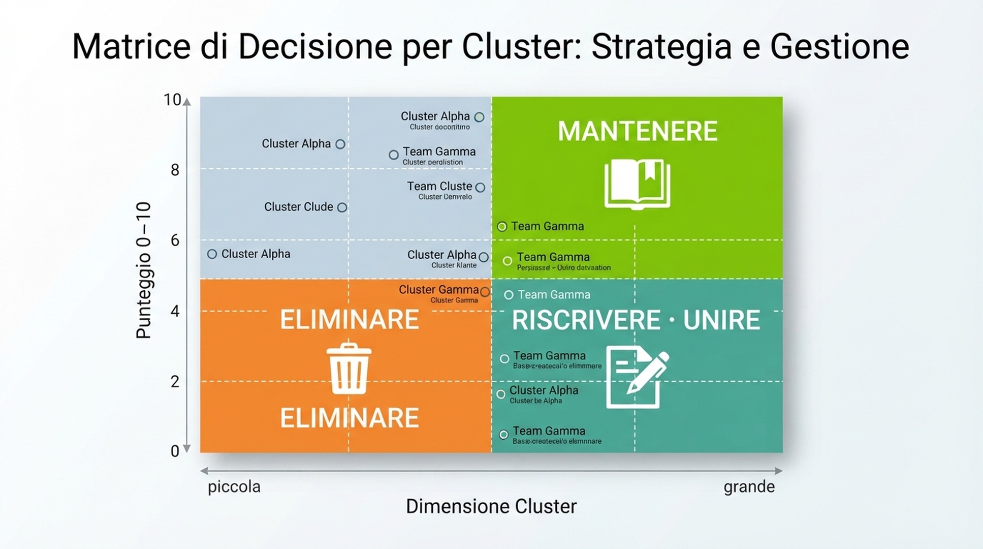 Matrice decisionale che collega la dimensione del cluster e il punteggio di valore alle azioni mantenere, unire o eliminare per il recupero da un aggiornamento spam