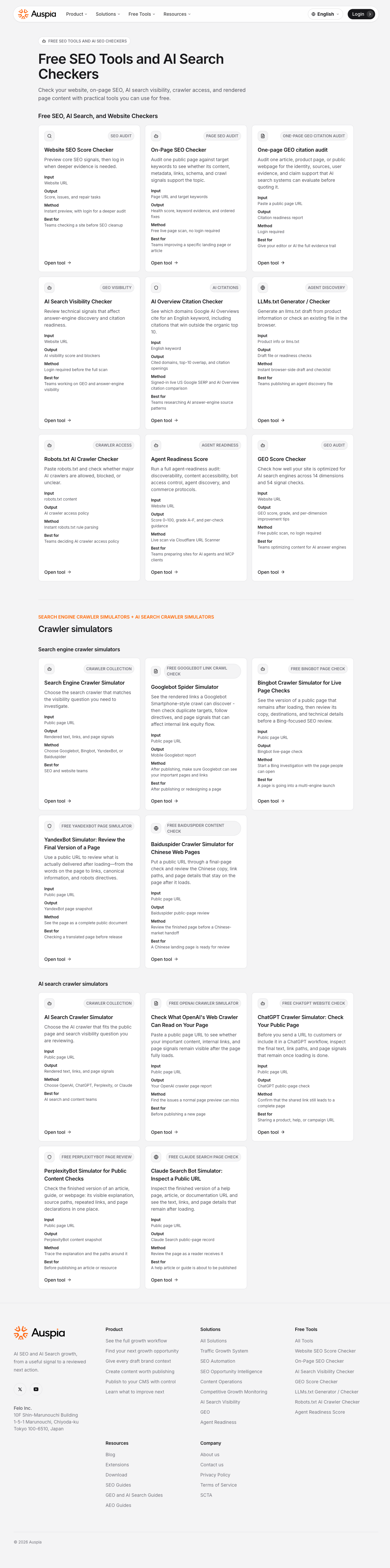 Auspia free tools page listing SEO and AI search checkers