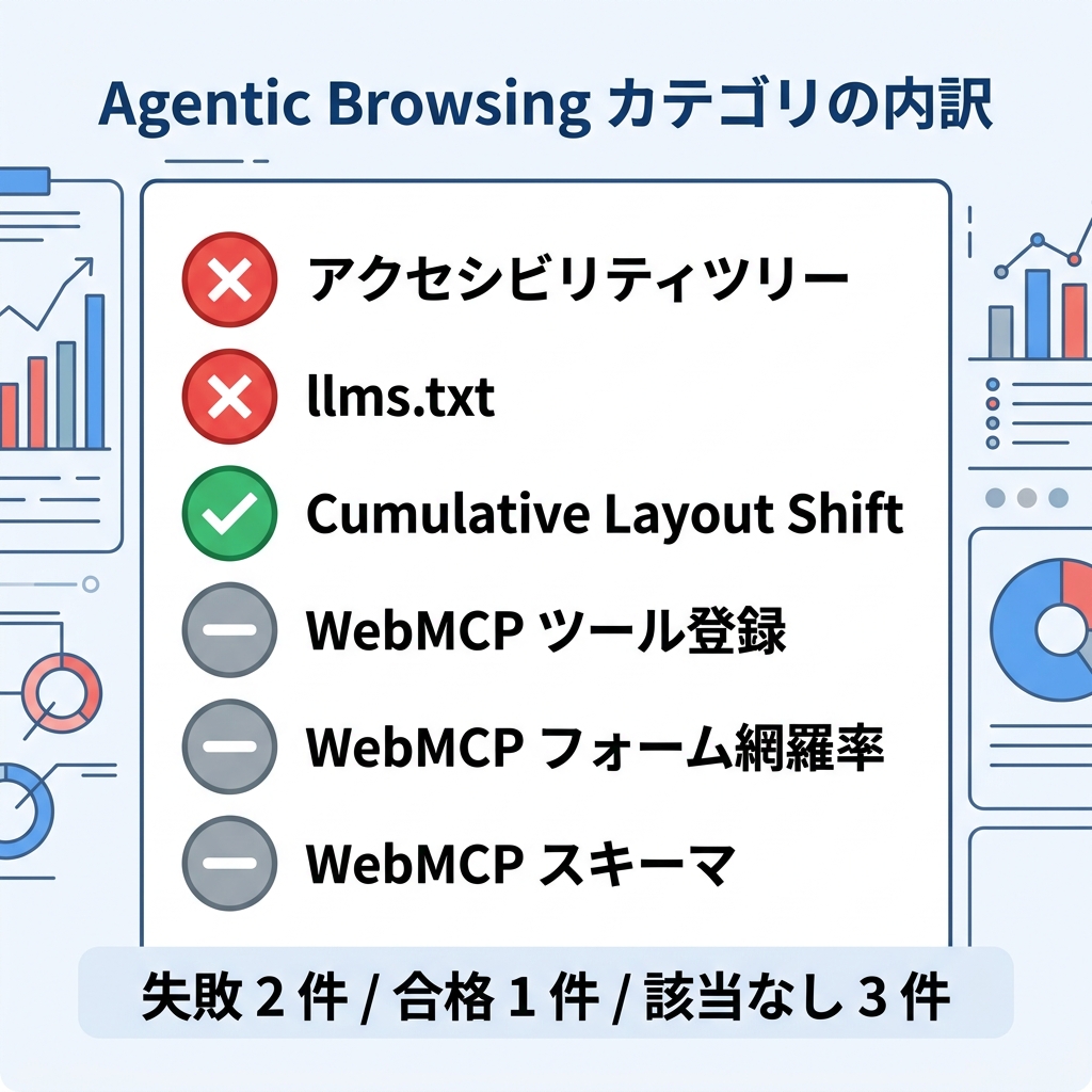PageSpeed Insights のスコア行。Performance、Accessibility、Best Practices、SEO と並んで新しい Agentic Browsing の端数が表示されている