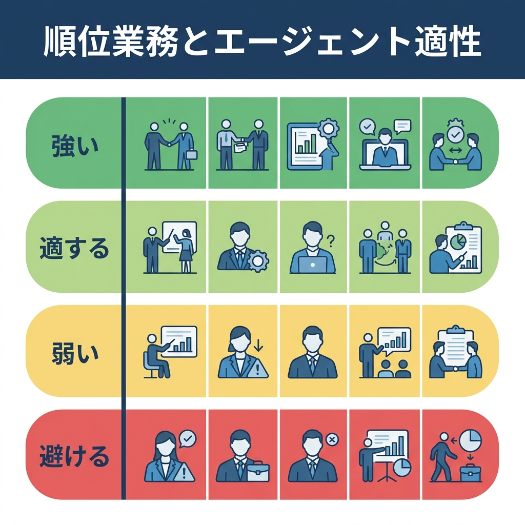 9 つの順位関連の作業をエージェント適性で採点したマトリクス。強い自動化から人間専任の判断まで