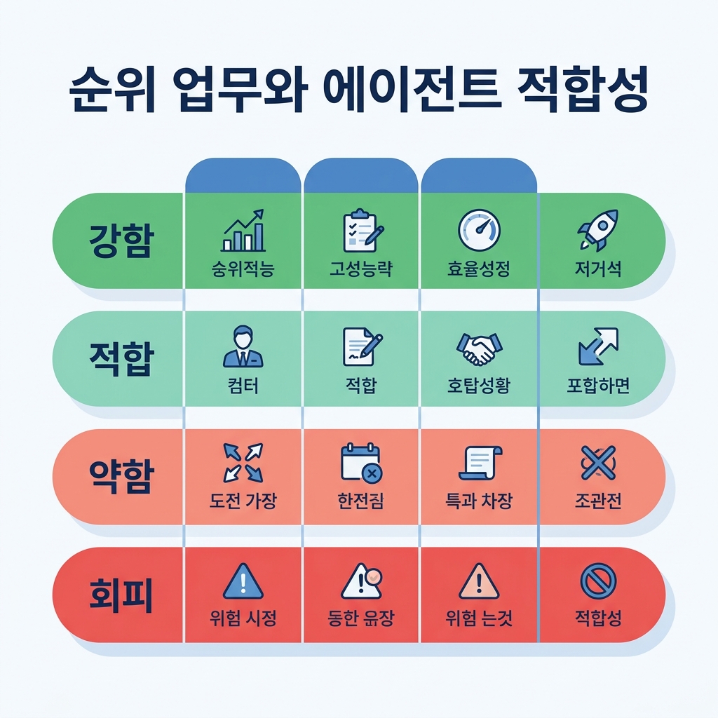9가지 순위 작업을 에이전트 적합성으로 채점한 매트릭스. 강한 자동화부터 사람 전용 판단까지