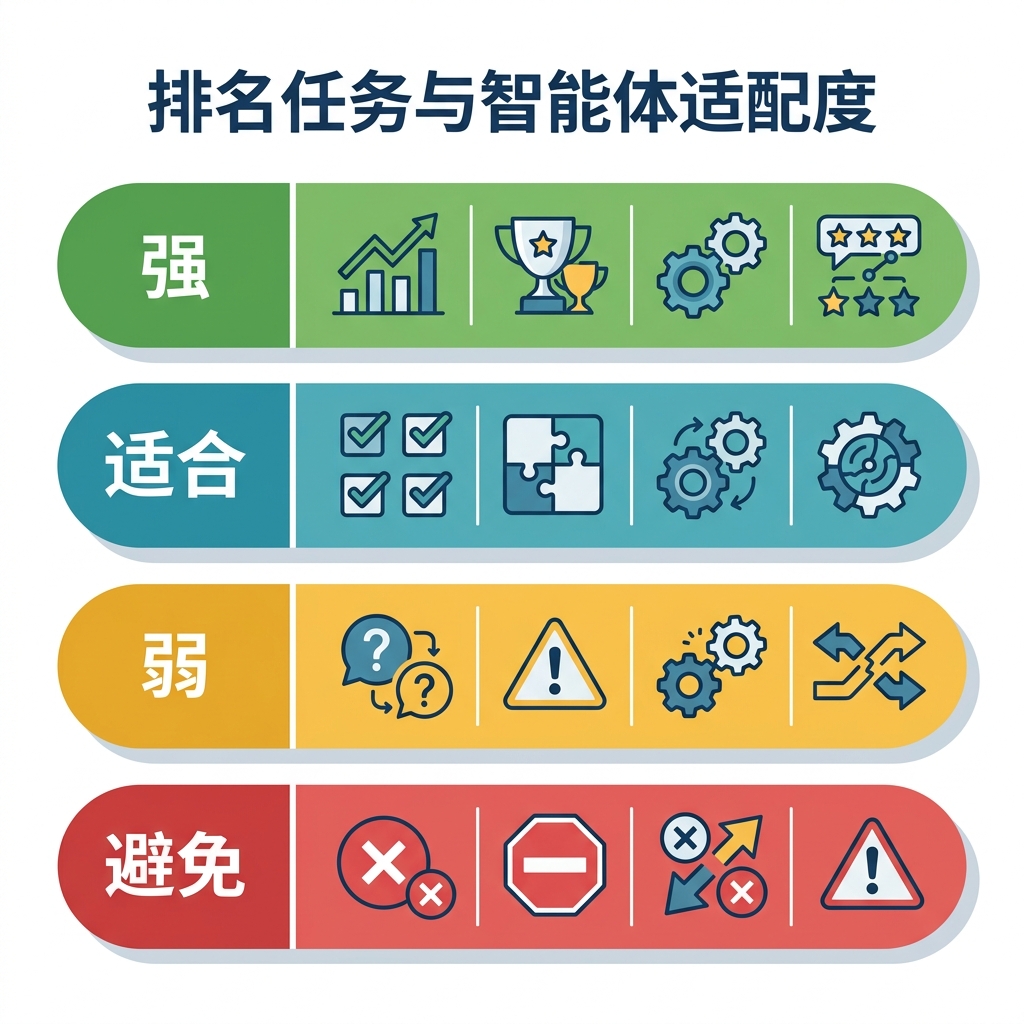 把九项排名工作按智能体适配度打分的矩阵,从强自动化到只能由人判断