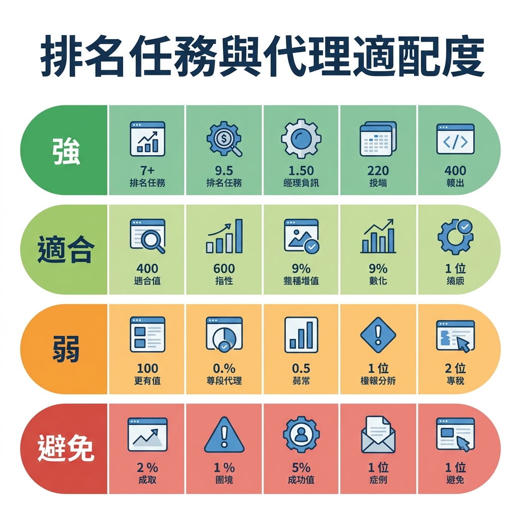 把九項排名工作按智慧代理適配度打分的矩陣,從強自動化到只能由人判斷