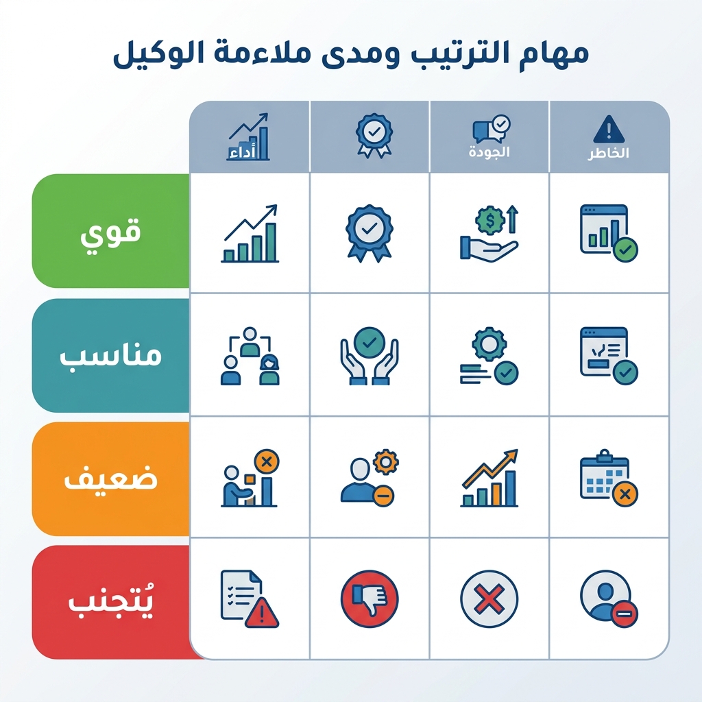 مصفوفة تعرض تسع مهام ترتيب مُقيَّمة حسب ملاءمة الوكيل، من الأتمتة القوية إلى القرارات البشرية فقط