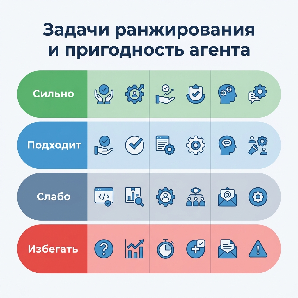 Матрица девяти задач по позициям с оценкой пригодности для агента — от сильной автоматизации до решений, доступных только человеку