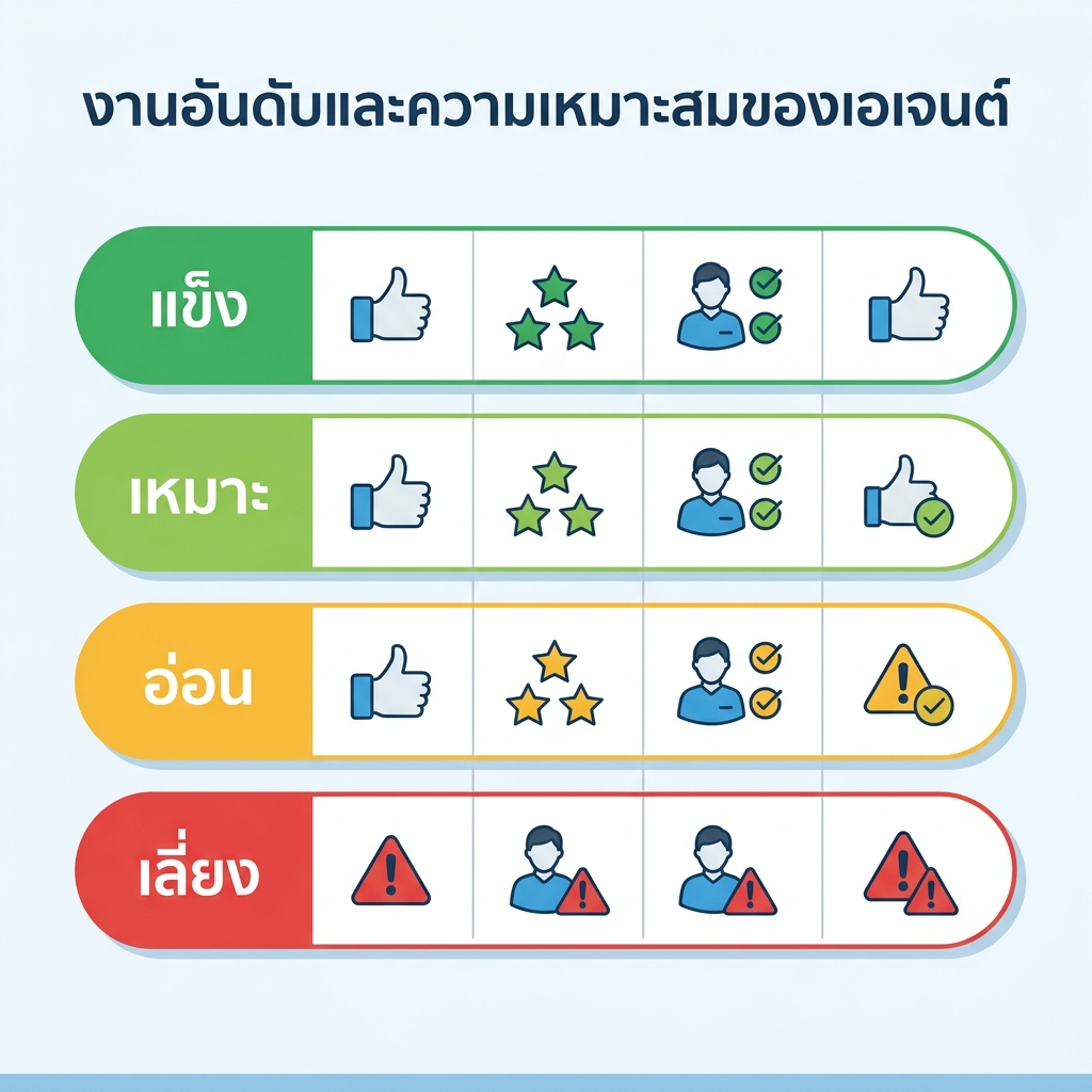 เมทริกซ์แสดงงานด้านอันดับเก้าประเภทที่ให้คะแนนตามความเหมาะสมกับ agent ตั้งแต่ทำงานอัตโนมัติได้เต็มที่ไปจนถึงต้องให้คนตัดสินใจเท่านั้น