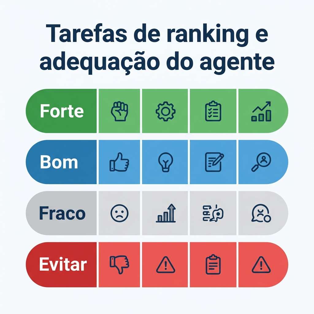 Matriz mostrando nove tarefas de posições pontuadas pelo encaixe com agentes, da automação forte até decisões exclusivamente humanas