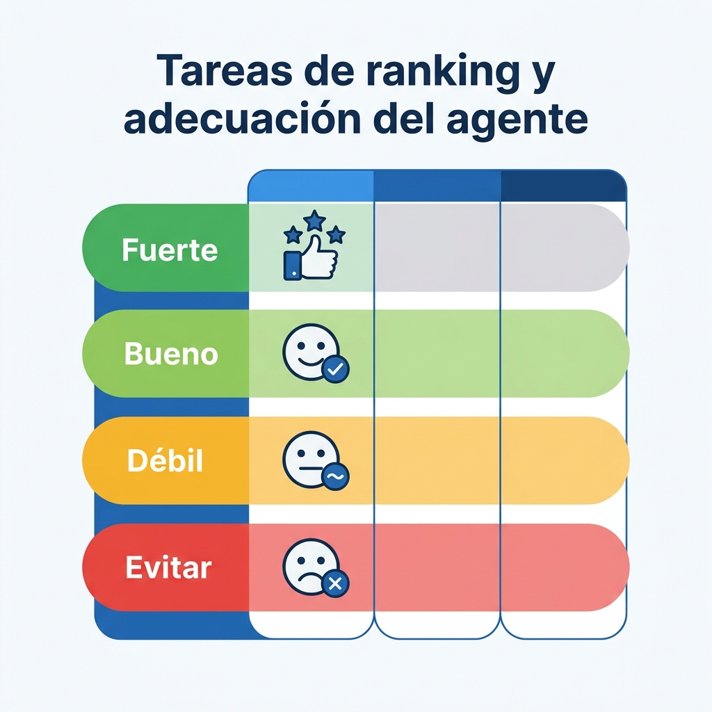 Matriz que muestra nueve tareas de posiciones puntuadas por su encaje con agentes, desde la automatización fuerte hasta las decisiones exclusivamente humanas