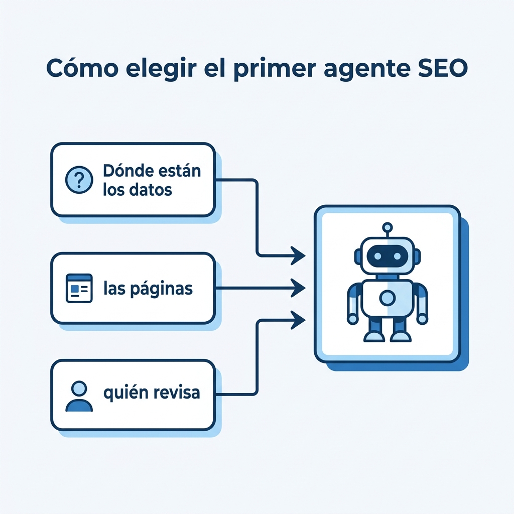 Flujo de decisión para elegir un primer agente SEO según dónde vivan tus datos, tus páginas y tus revisores
