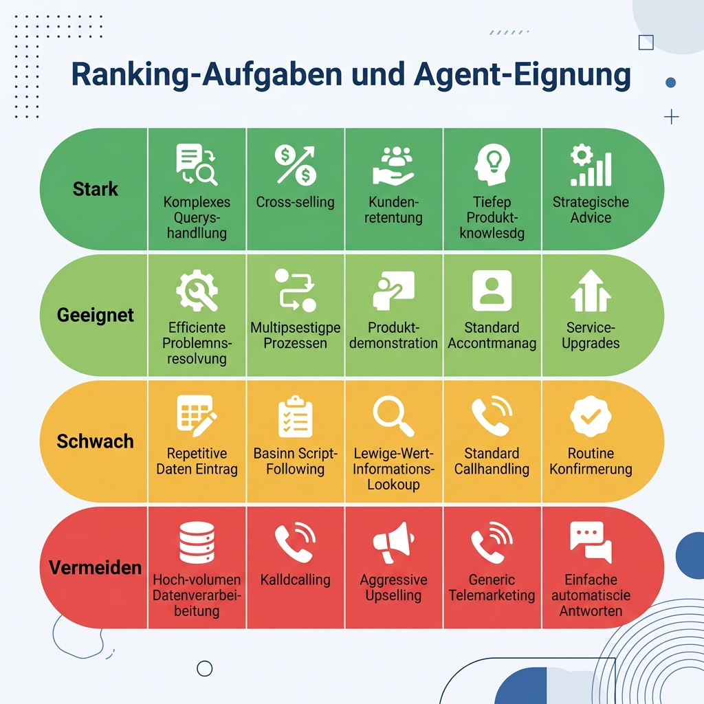 Matrix mit neun Ranking-Aufgaben, bewertet nach Agenten-Eignung, von starker Automatisierung bis zu rein menschlichen Entscheidungen
