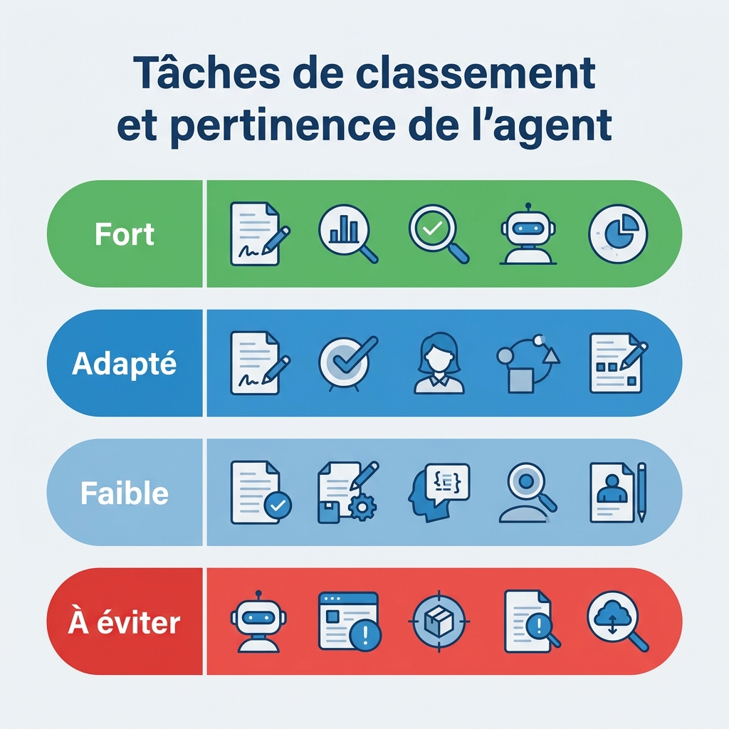 Matrice montrant neuf tâches de position notées selon l'adéquation aux agents, de l'automatisation forte aux décisions purement humaines