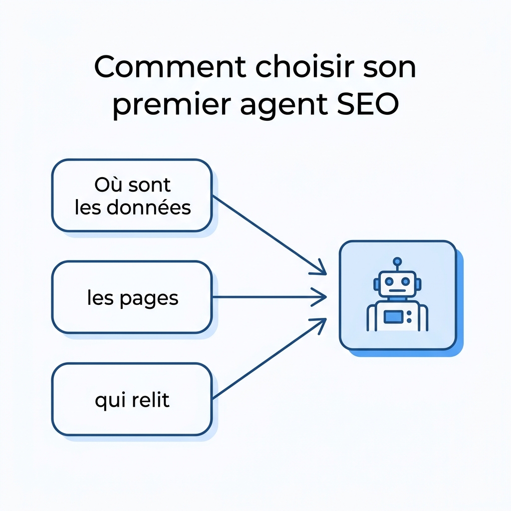 Flux de décision pour choisir un premier agent SEO selon où vivent vos données, vos pages et vos relecteurs