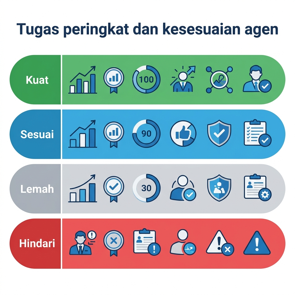 Matriks berisi sembilan tugas peringkat yang dinilai menurut kecocokannya dengan agen, dari otomatisasi kuat sampai keputusan yang hanya bisa diambil manusia