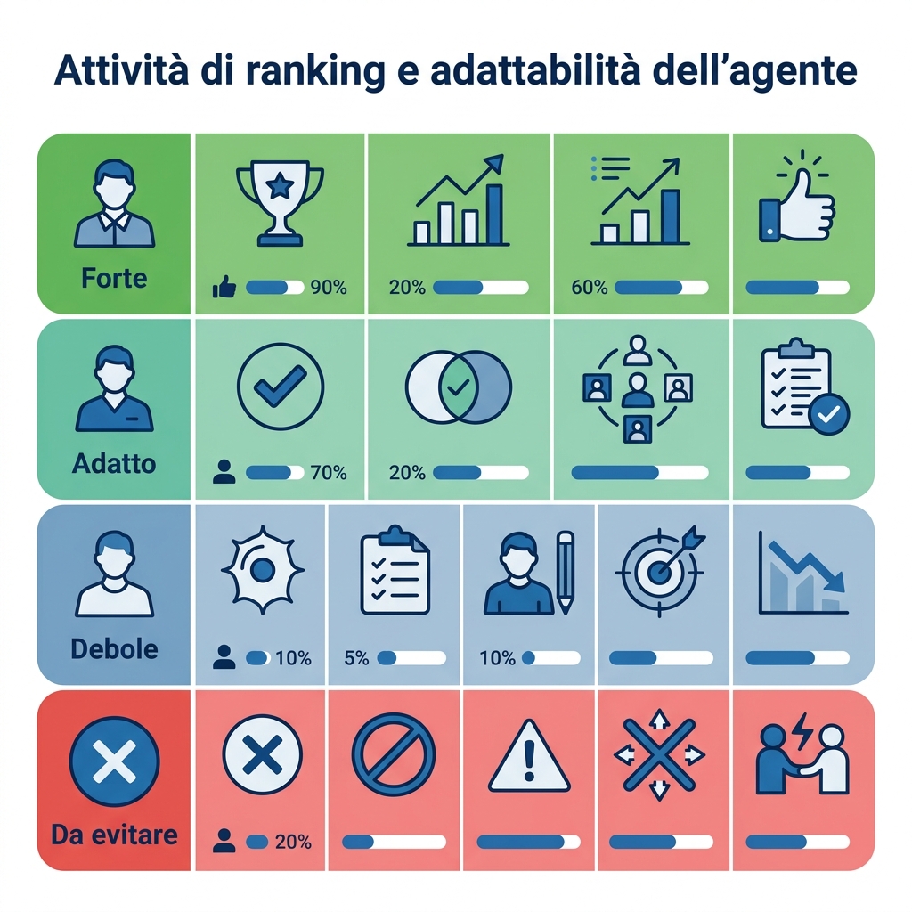 Matrice con nove attività di posizionamento valutate per adattezza agli agenti, dall'automazione forte alle decisioni prettamente umane