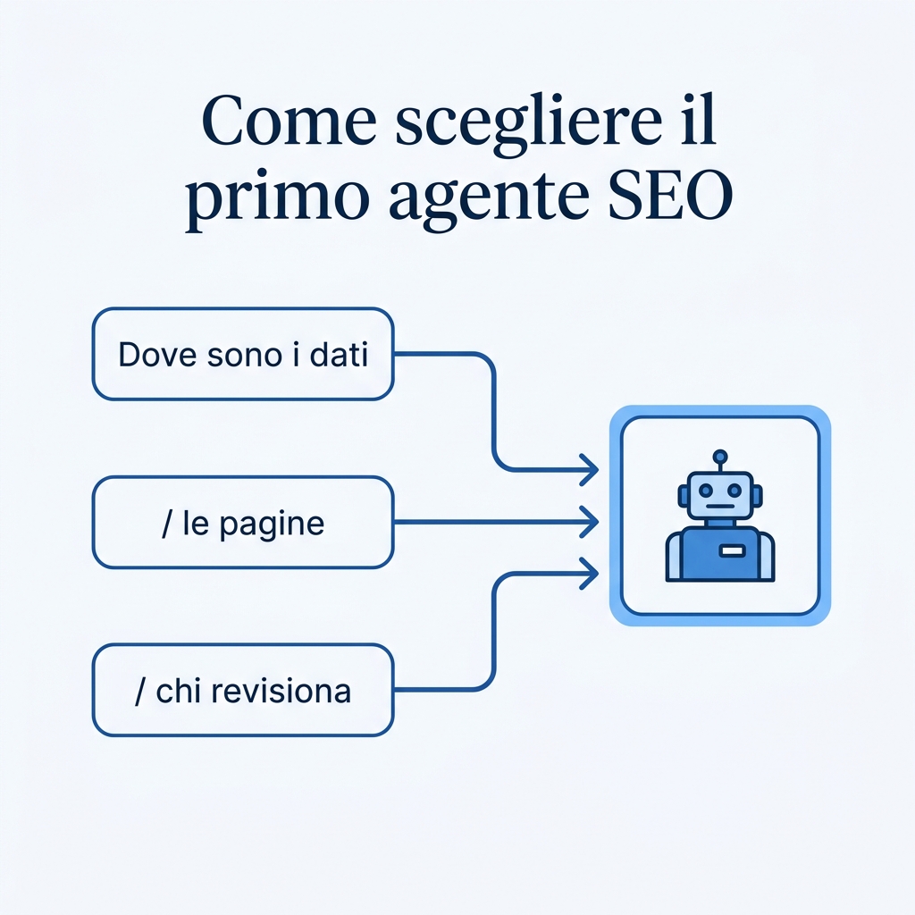 Flusso decisionale per scegliere un primo agente SEO in base a dove vivono i tuoi dati, le tue pagine e i tuoi revisori