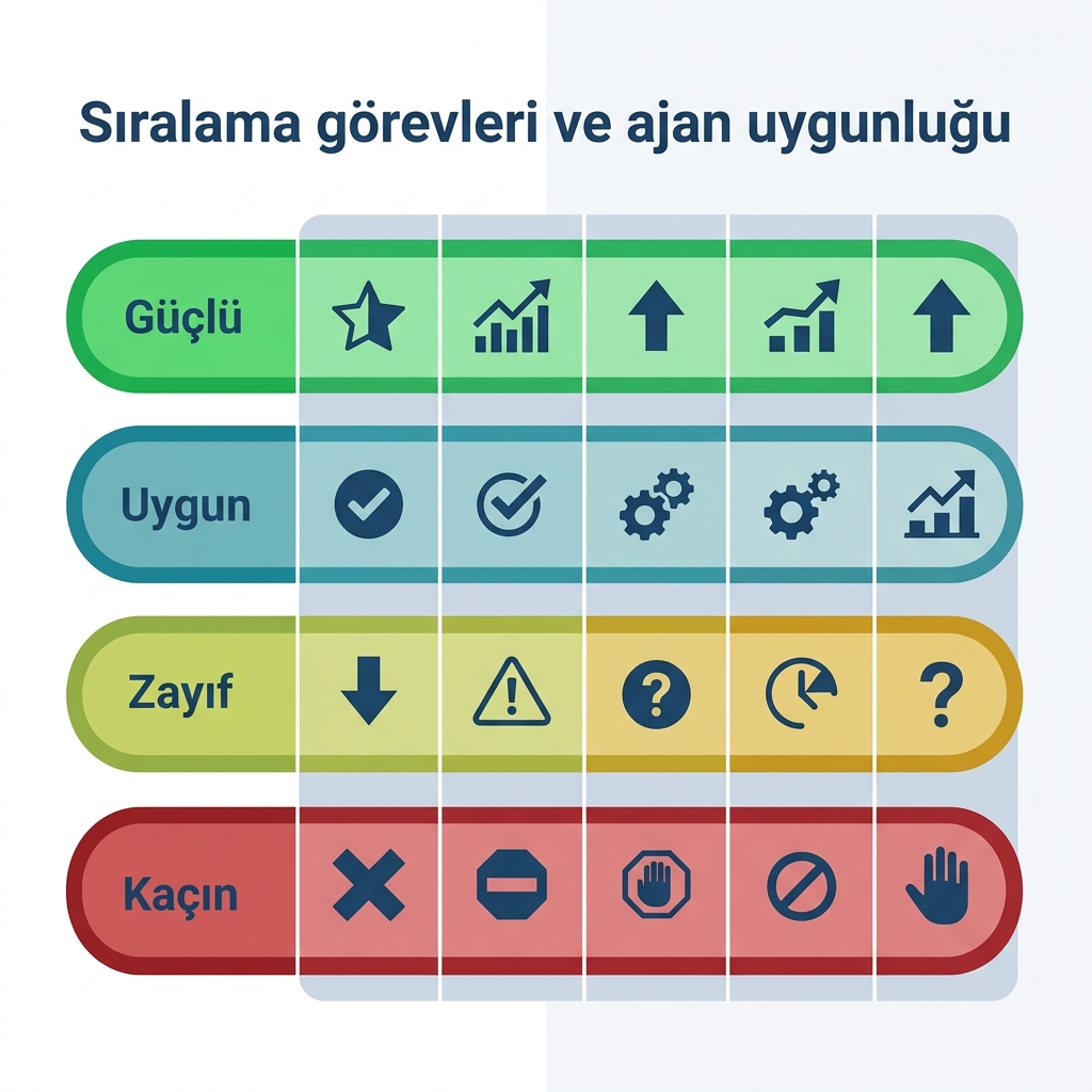 Dokuz sıralama görevini ajan uygunluğuna göre puanlayan, güçlü otomasyondan yalnızca insan kararına uzanan matris