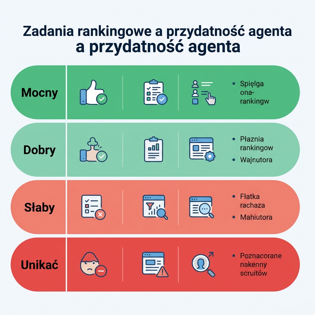 Macierz dziewięciu zadań związanych z pozycjami ocenionych pod kątem dopasowania do agenta, od silnej automatyzacji po decyzje wyłącznie ludzkie