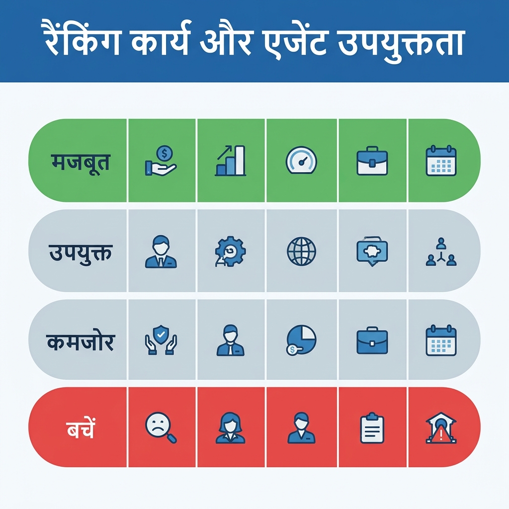 नौ आम रैंकिंग कामों को एजेंट फ़िट के हिसाब से अंकित करने वाली मैट्रिक्स, मज़बूत ऑटोमेशन से लेकर सिर्फ़ इंसानी फ़ैसलों तक