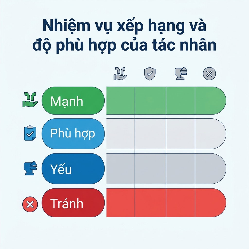 Ma trận chín việc về thứ hạng được chấm theo mức phù hợp với agent, từ tự động hoá mạnh đến những quyết định chỉ con người làm được