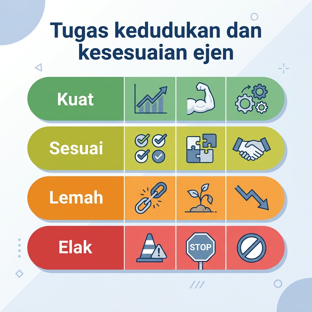 Matriks memaparkan sembilan tugasan kedudukan yang dinilai mengikut kesesuaian ejen, daripada automasi kuat hingga keputusan yang hanya boleh dibuat manusia